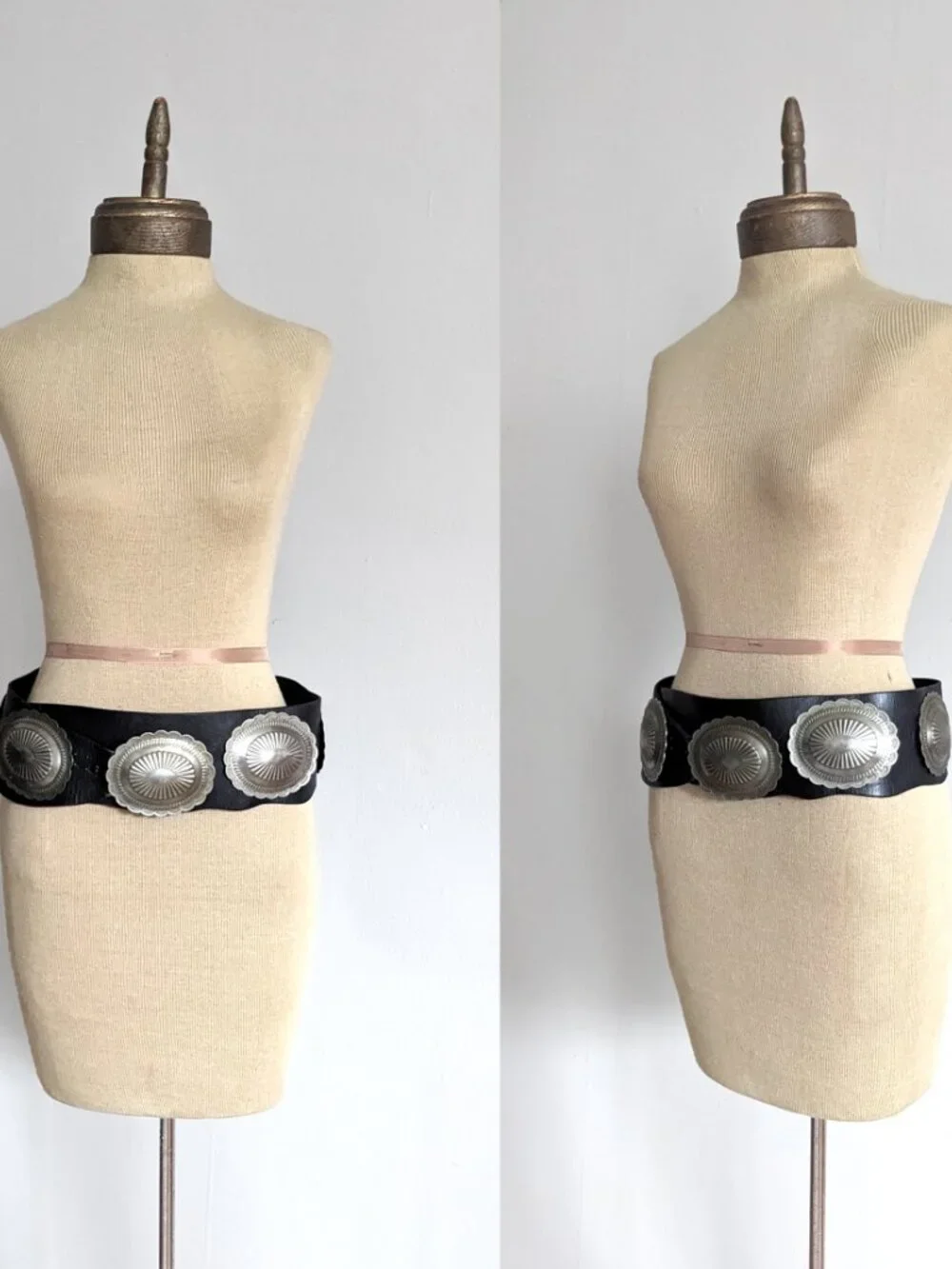 70s Vtg Handmade Silver Medallion & Black Leather Western Belt - Picture 2 of 8